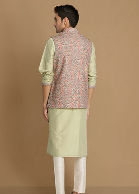 alt message - Manyavar Men Multicolored Jacket With Lime Green Kurta Set image number 2